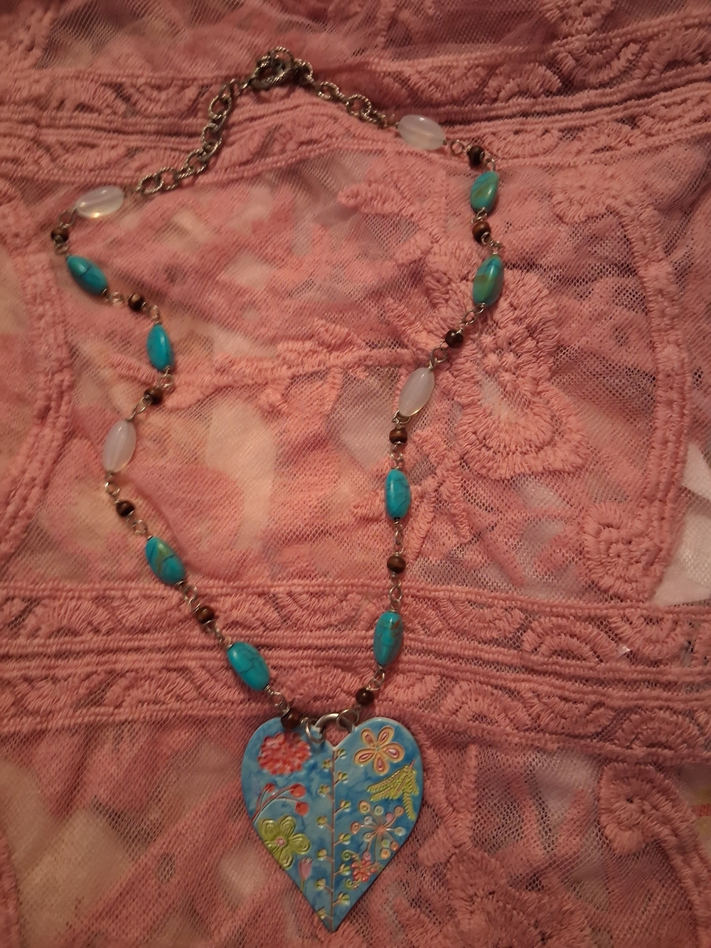 Heart Pendant Statement Necklace Hand Painted Beaded Caroline Simas? NWOT